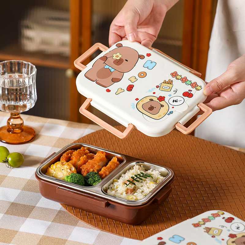 Cute little bear double-compartment lunch box, 304 stainless steel separated lunch box, portable handle cartoon student lunch box, leak-proof children's lunch box Specification image