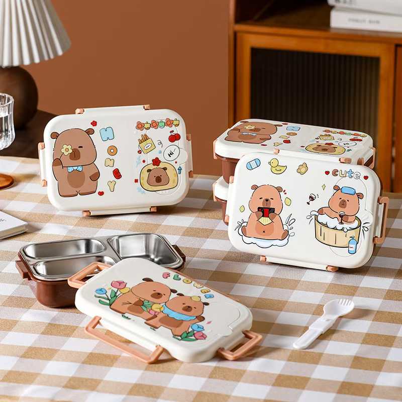 Cute little bear double-compartment lunch box, 304 stainless steel separated lunch box, portable handle cartoon student lunch box, leak-proof children's lunch box details Picture