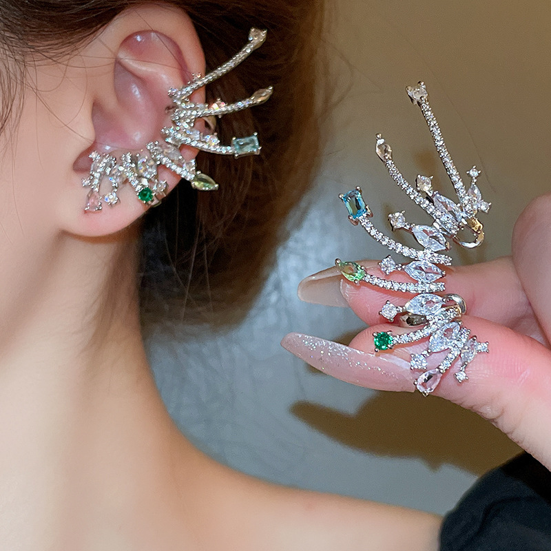 European and American cross-border colored zircon teardrop wing ear bone clips, fashionable and versatile earrings, light luxury and high-end earrings