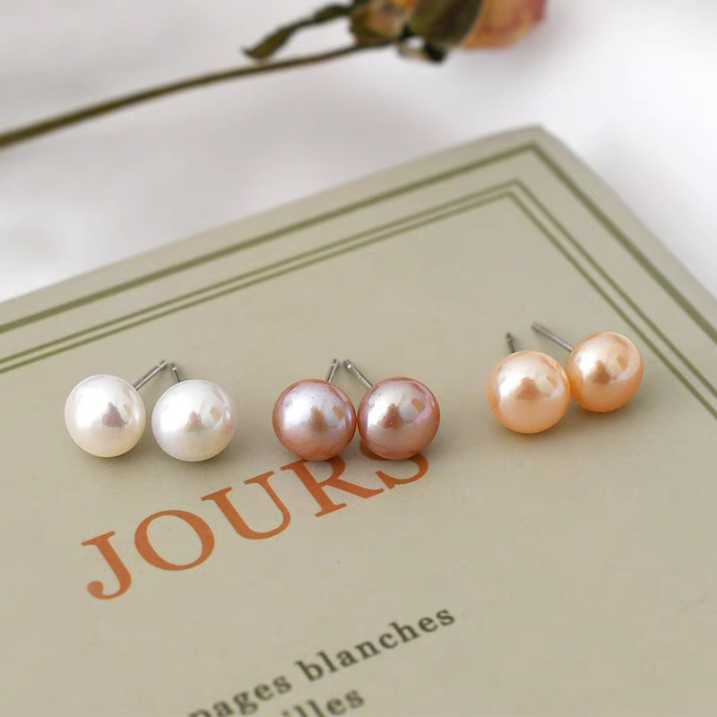 Yunyi Shijia Natural freshwater Pearl Stud Earrings Simple Large Pearl Stud Earrings Silver Needle in stock wholesale Factory store