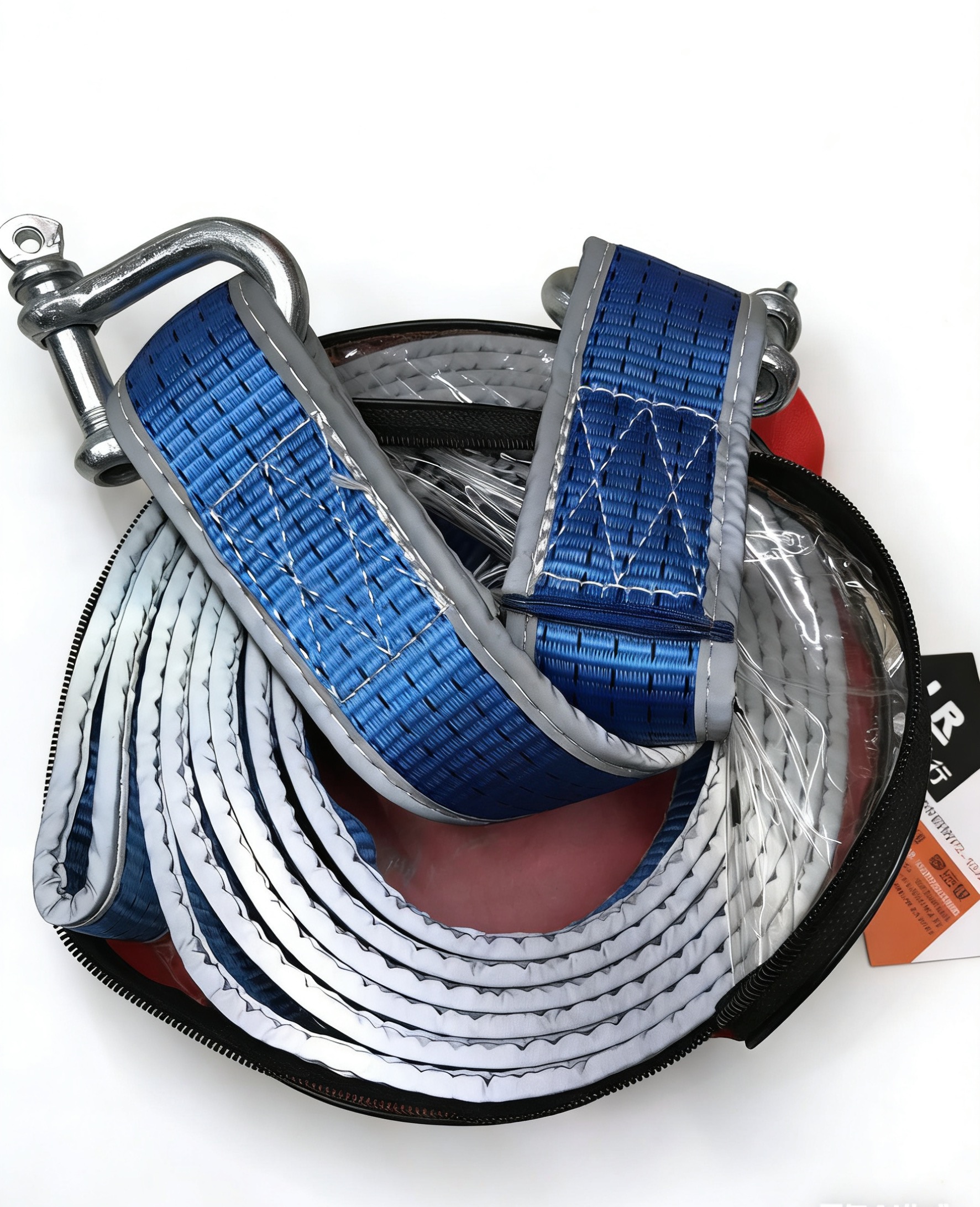 Blue polyester strong trailer with thickened reflective strips and shackle car emergency rescue towing rope
