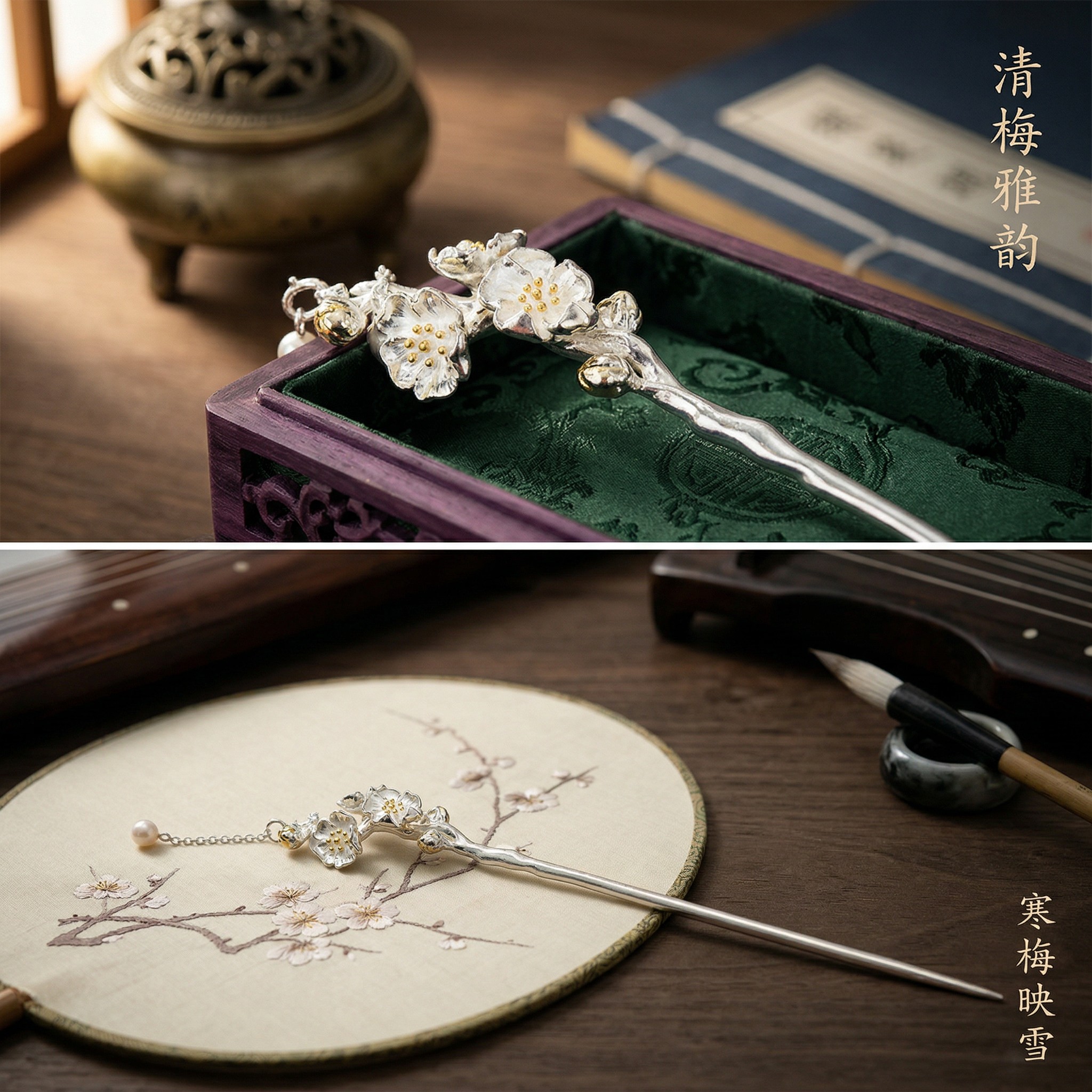 S925 Cold Branches Reflecting Snow Hairpin, Hairpin, Hairpin, Hairpin, hairpin, ancient style jewelry for Women details Picture