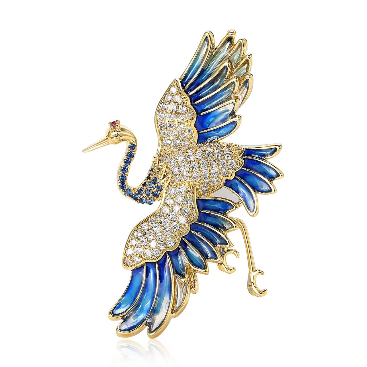 Fashionable and ancient-style copper zircon red-crowned crane brooch, artistic Chinese style men's and women's clothing brooch accessory pin