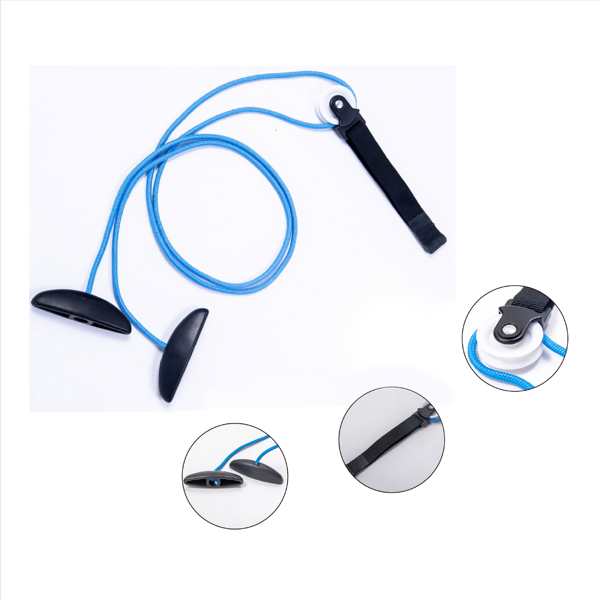 Blue fitness resistance rope with black handle foot pedal, multi-functional sports equipment, foot pedal resistance band, grip strength training, rubber elastic band, portable pulley, shoulder recovery, indoor practice, arm exercise full figure