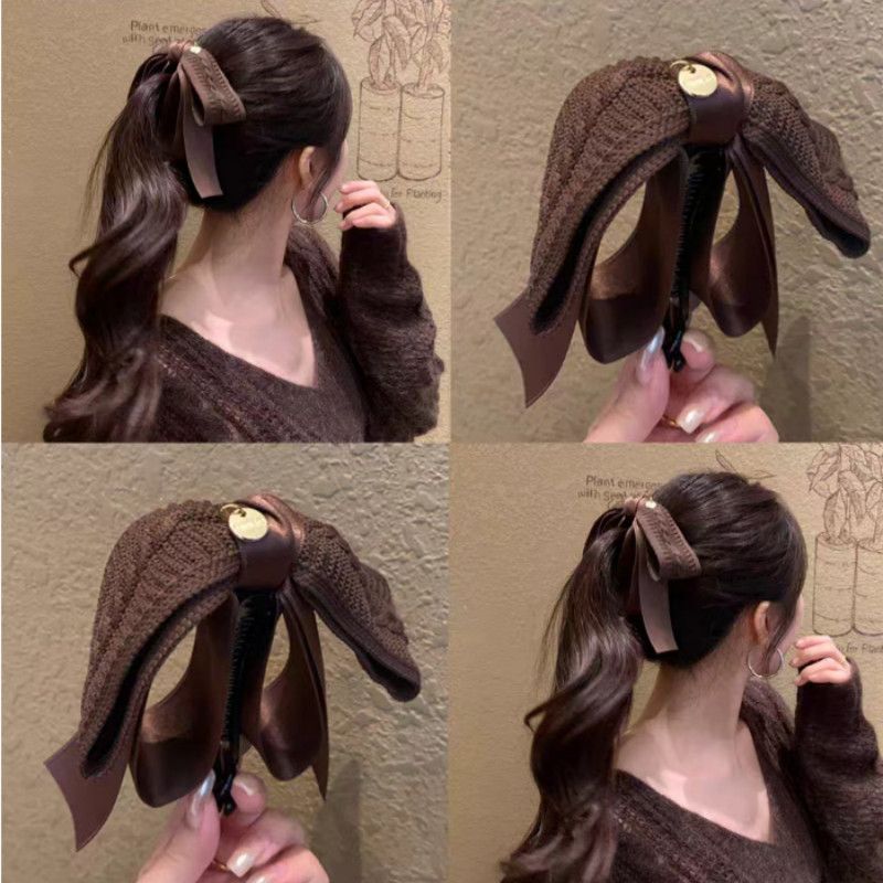 Retro hair clips, coffee-colored bow banana clips, women's back head autumn and winter hair accessories, high ponytail banana clips, vertical hair clips