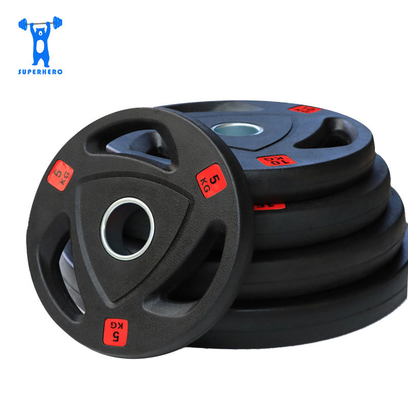 Three-hole rubber-coated barbell plates, large-hole hand-grabbed fitness flywheel plates, adjustable heavy rubber-coated cast iron flybell plates, 2.5kg-5kg equipment Specification image