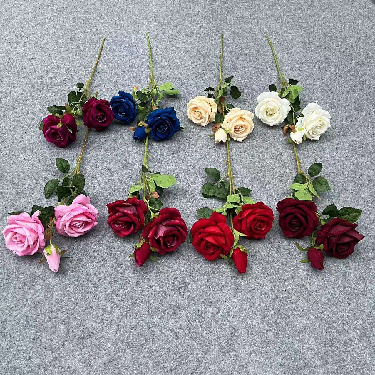 仿真玫瑰3头绒布圆玫瑰仿真花婚礼家居装饰红玫瑰花批发