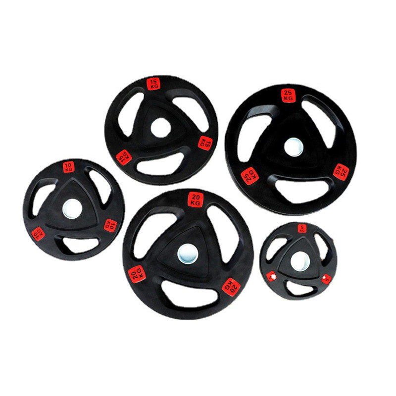 Three-hole rubber-coated barbell plates, large-hole hand-grabbed fitness flywheel plates, adjustable heavy rubber-coated cast iron flybell plates, 2.5kg-5kg equipment Item Picture
