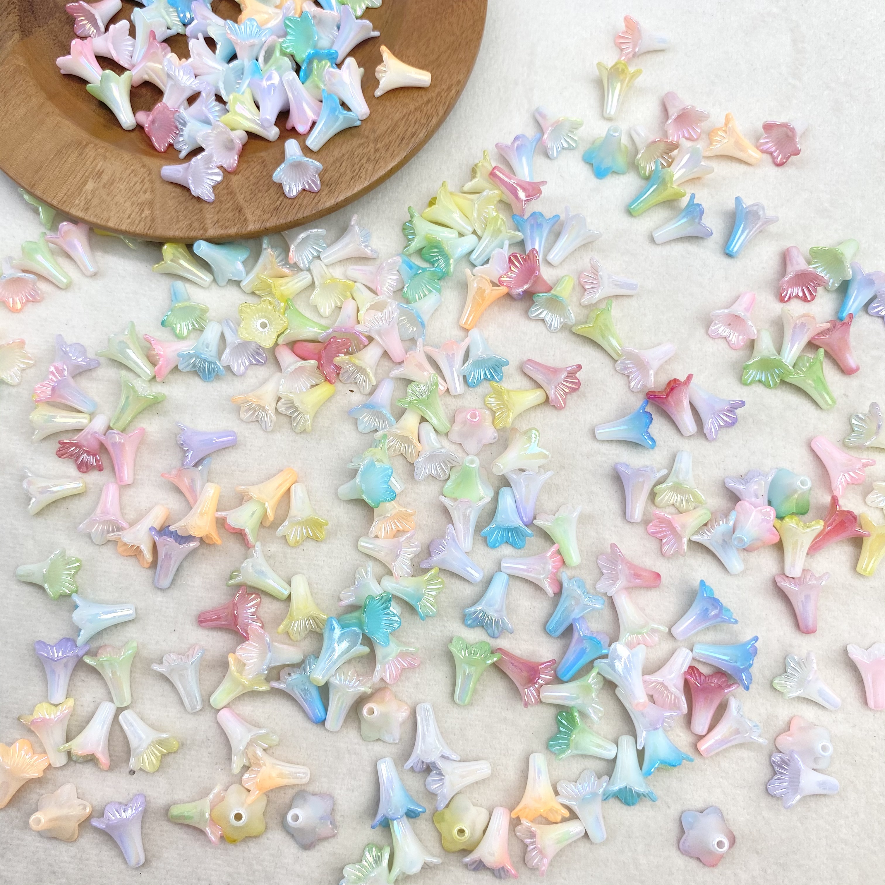 Acrylic two-color small vertical hole morning glory diy/ Ancient-style hairpin flower accessory materials, bag pendant materials wholesale Specification image