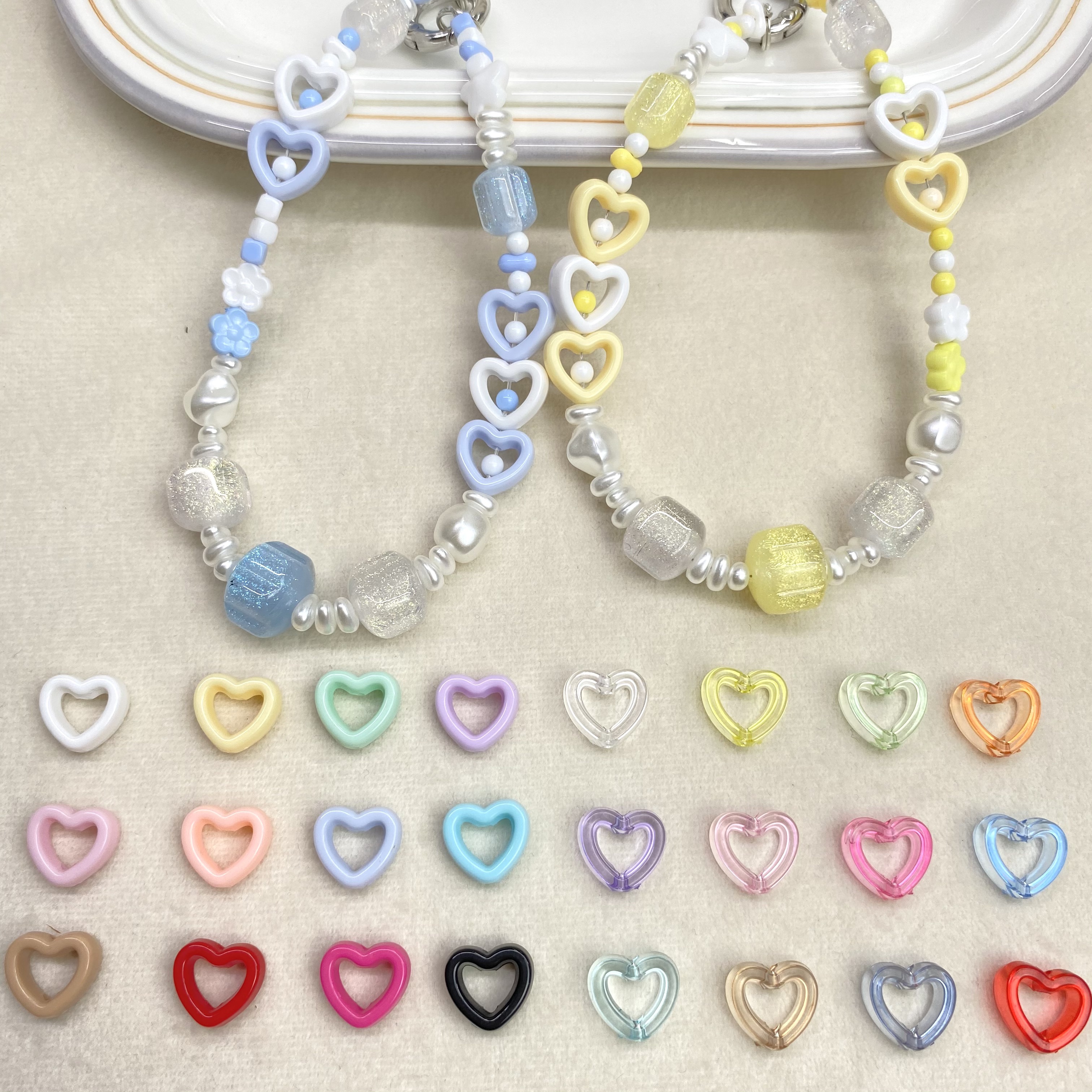 Acrylic transparent solid color hollowed-out heart vertical hole diy/ mobile phone chain keychain bag hanging decorative accessories material loose beads wholesale details Picture