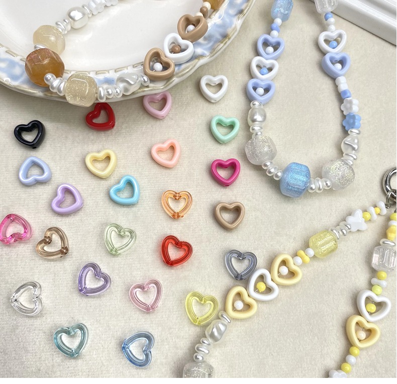 Acrylic transparent solid color hollowed-out heart vertical hole diy/ mobile phone chain keychain bag hanging decorative accessories material loose beads wholesale pic 1