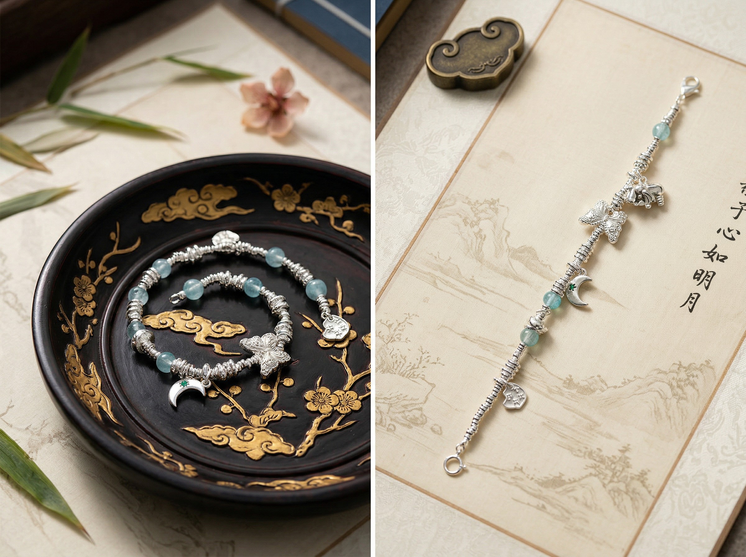 S925 Butterfly Moon Illusion · Dynamic Little Elephant Heart Star Wish Blue Jade Beaded 925 Silver Bracelet