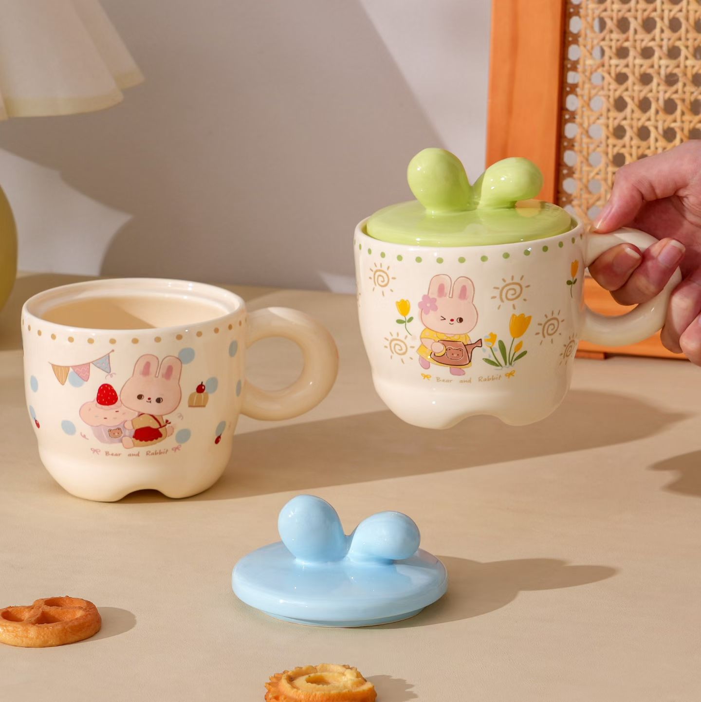 Fun Rabbit Bow Ceramic Mug 390ml, with lid, 4-color mixed ceramic mug Specification image