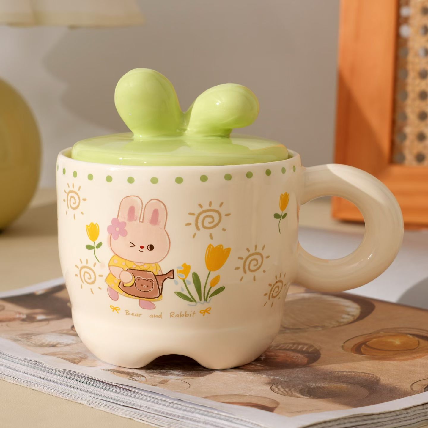 Fun Rabbit Bow Ceramic Mug 390ml, with lid, 4-color mixed ceramic mug detail image 7