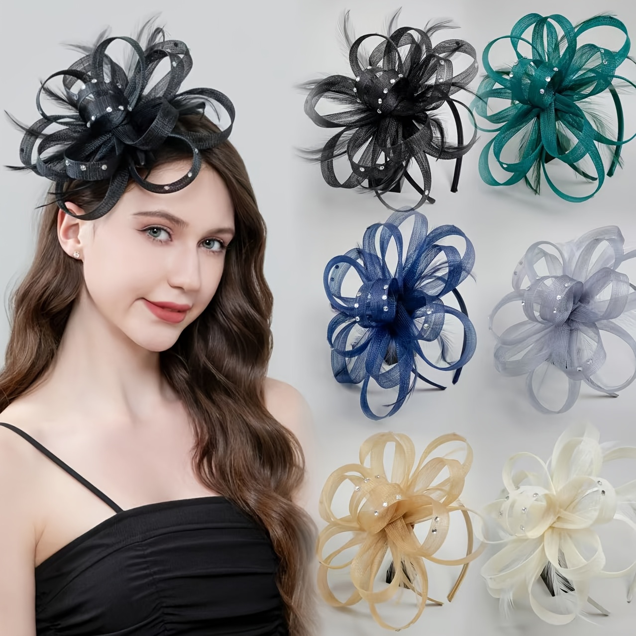 A fashionable decorative headpiece for a bow, a bride's wedding headpiece, an afternoon tea accessory, a birthday gift, a horse racing festival headpiece, a top hat, a Derby hat, a church hat, a Christmas hair accessory, a clip, and a headband are both useful
