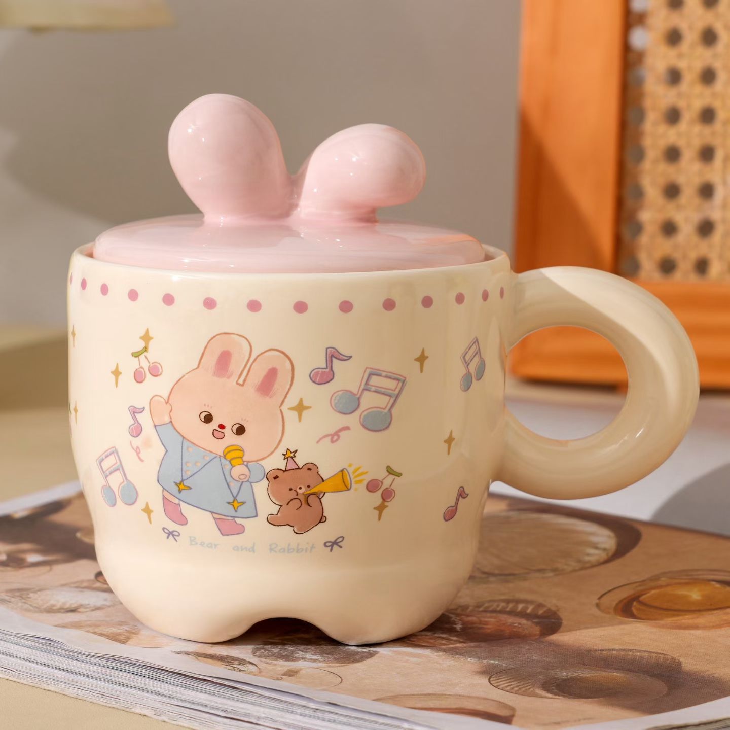 Fun Rabbit Bow Ceramic Mug 390ml, with lid, 4-color mixed ceramic mug detail image 5
