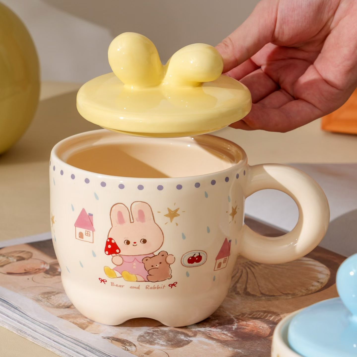 Fun Rabbit Bow Ceramic Mug 390ml, with lid, 4-color mixed ceramic mug detail image 3