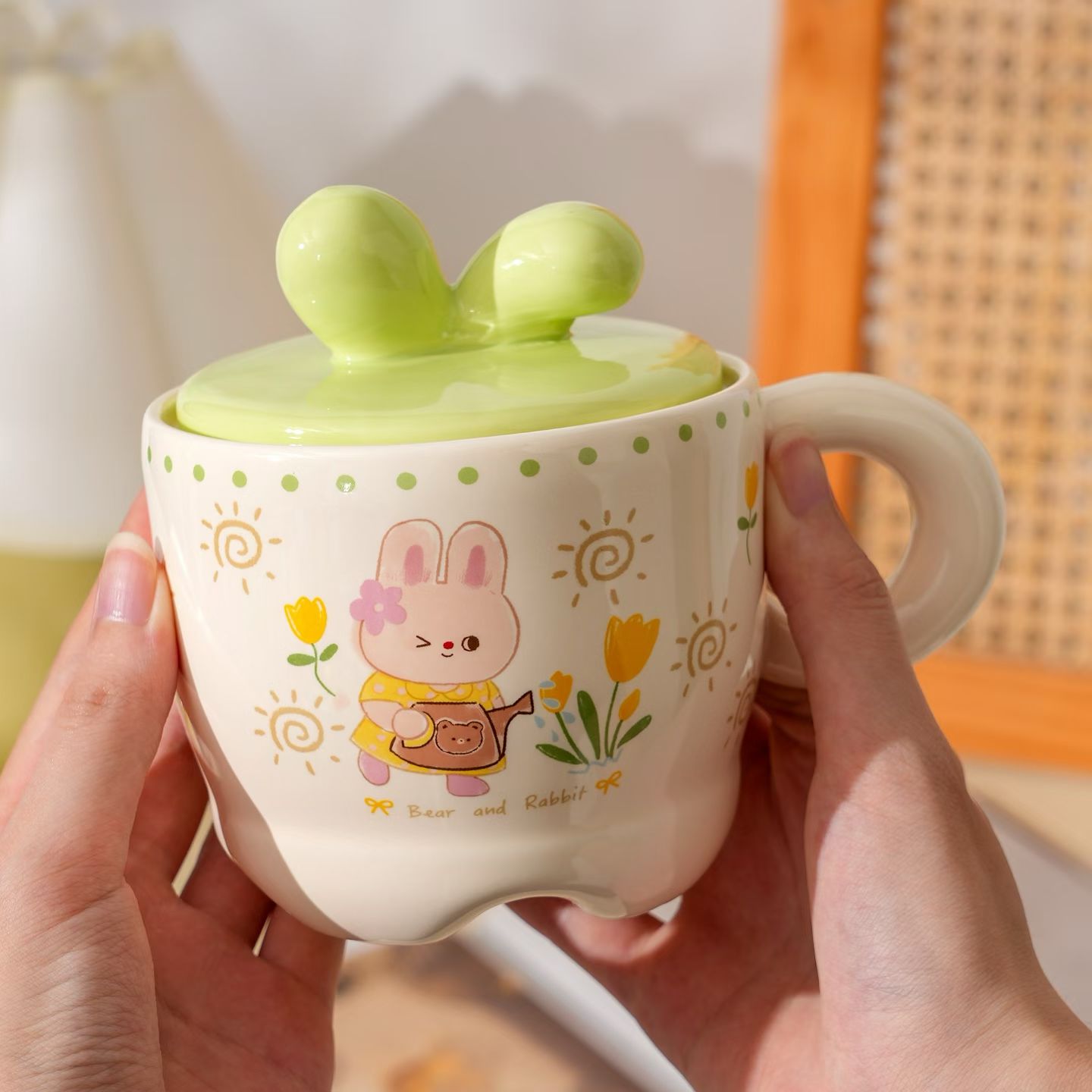 Fun Rabbit Bow Ceramic Mug 390ml, with lid, 4-color mixed ceramic mug detail image 4