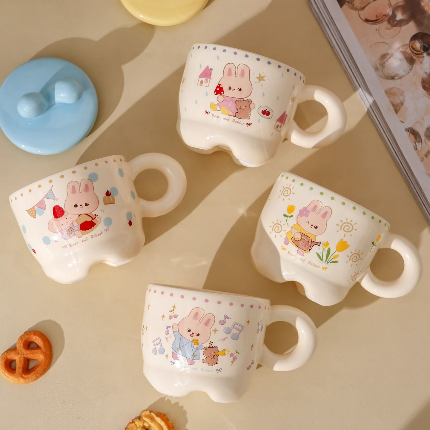 Fun Rabbit Bow Ceramic Mug 390ml, with lid, 4-color mixed ceramic mug details Picture