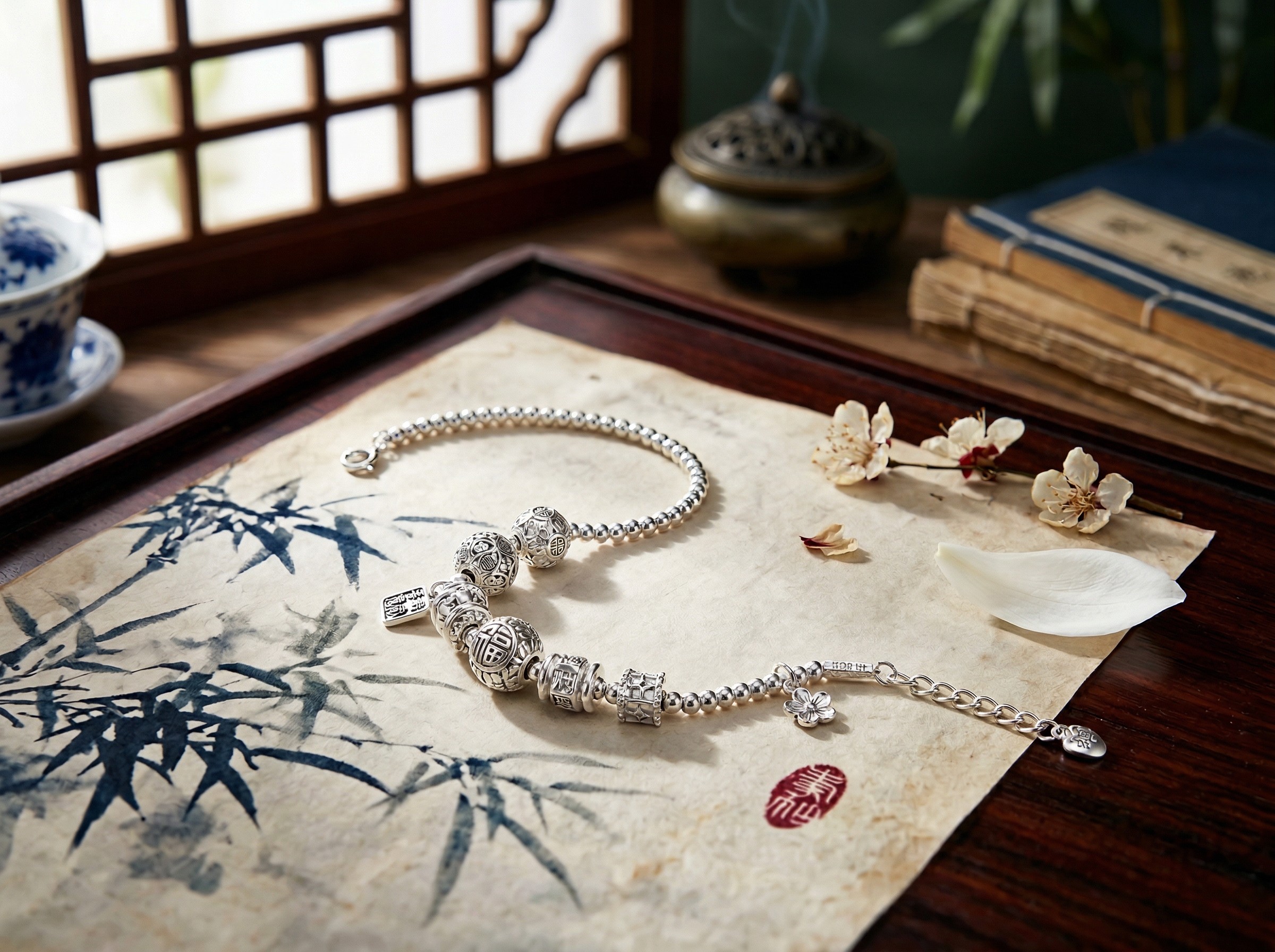 Fashionable and exquisite S925 plain Silver Wealth-Attracting Fortune Cat · Ruyi Fu Pendant Brocade Flower Bell Dynamic Beaded 925 Silver bracelet details Picture