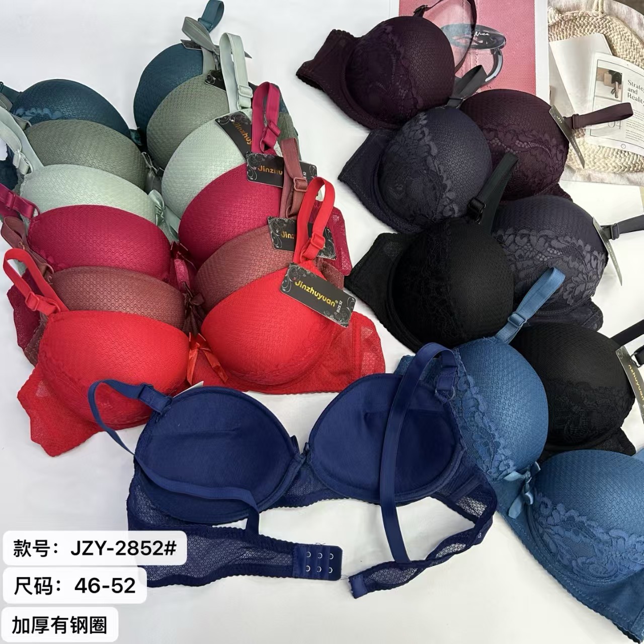 JZY-2852# Women's bras are exported to the Middle East and Africa. They are large-sized thickened lace bows with underwire bras that gather together for comfort. Women's QNI full figure