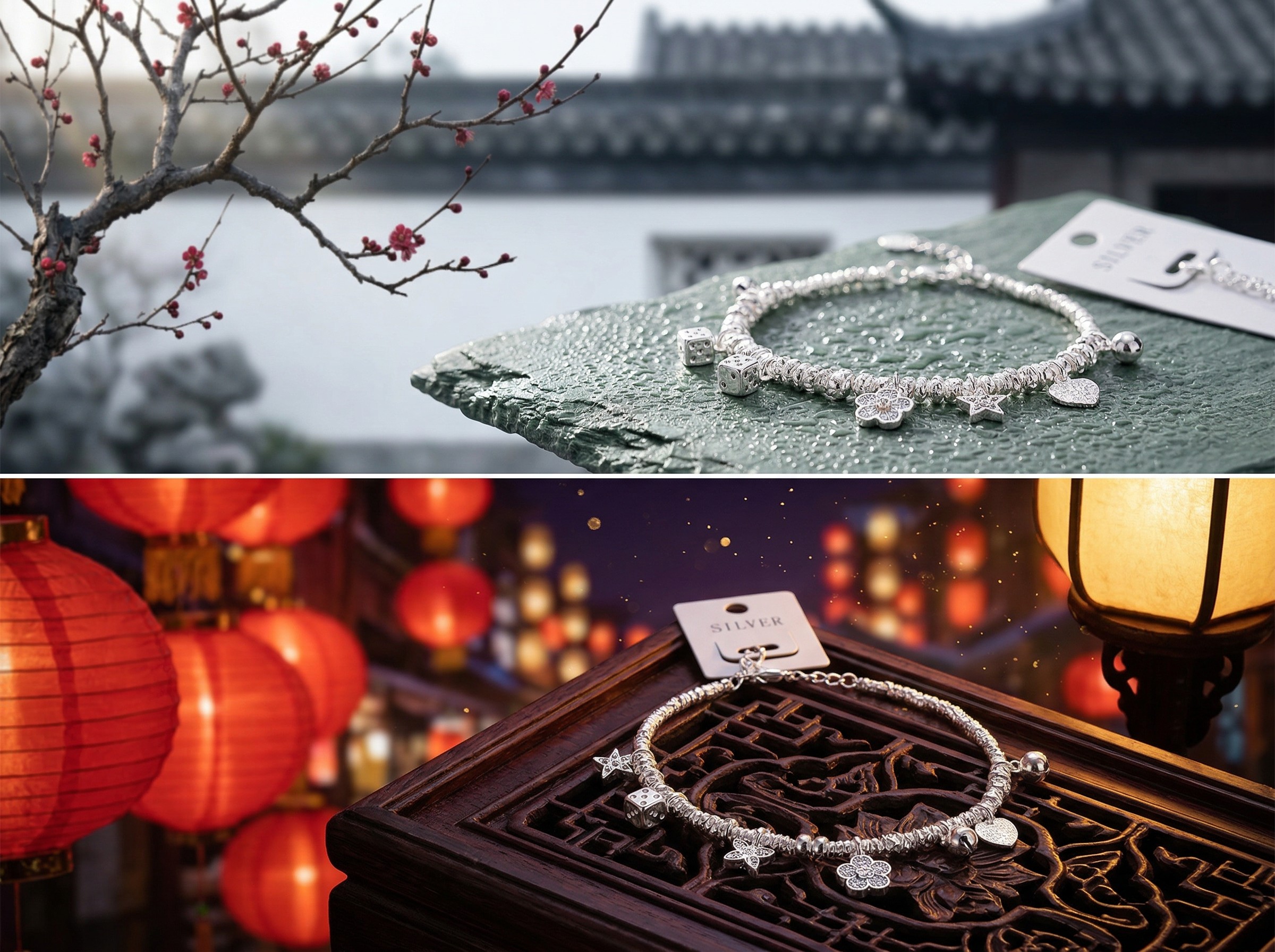 S925 Plain Silver Fashion Craftsmanship Lucky Cute Claws · Lively Cat Claws Dice Bell Beaded 925 Silver bracelet details Picture