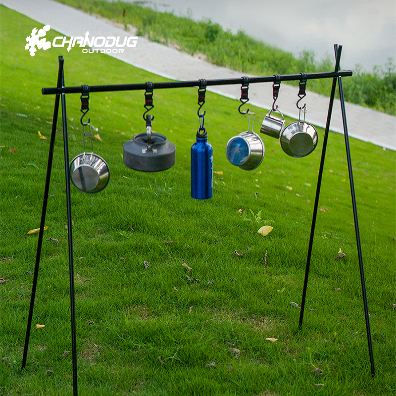 Black metal stand outdoor cookware rack, hanging POTS, water bottles, outdoor supplies, folding stove, camping folding clothes drying rack