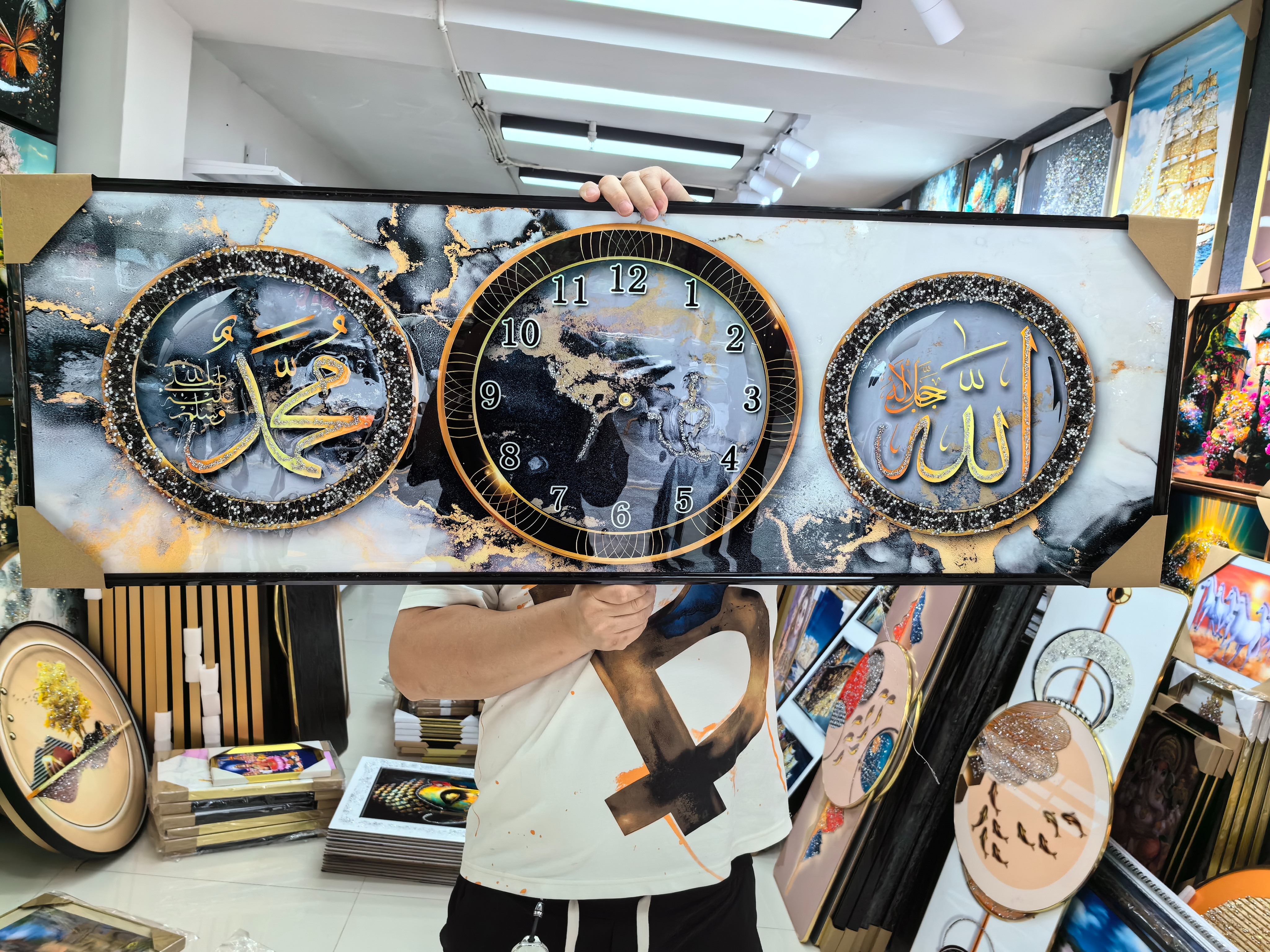 晶瓷晶钻宗教风格三联钟表装饰画 居家卧室客厅壁画挂画装饰白底实物图