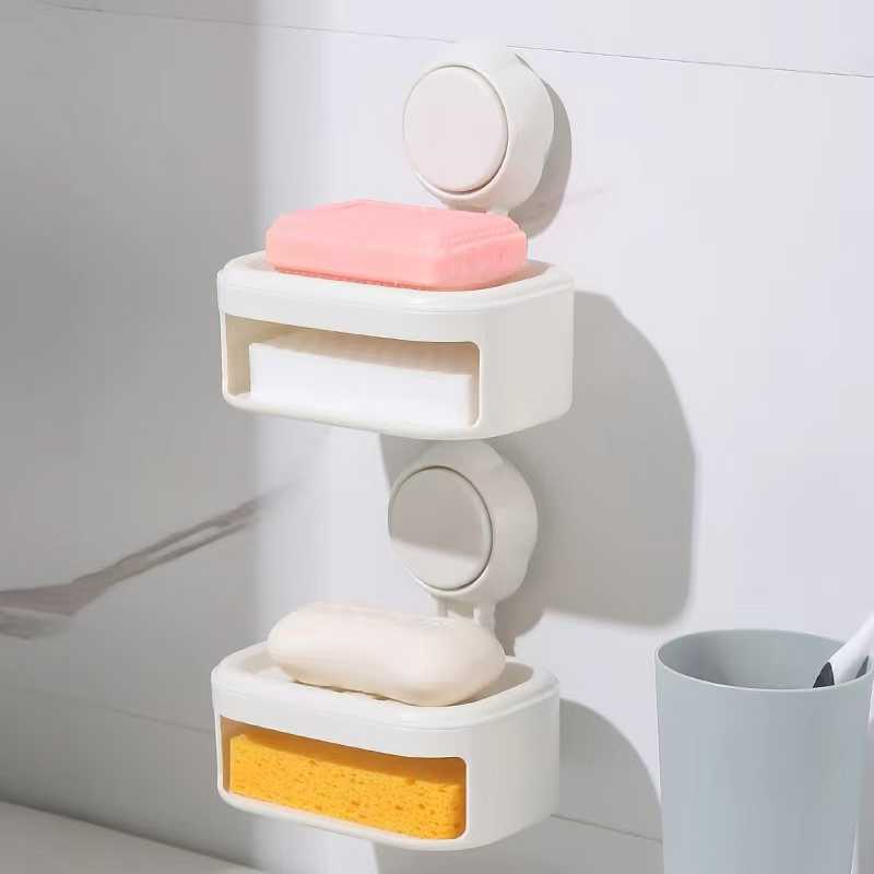 F34-X-68 suction cup Double-layer soap box, wall-mounted for home bathroom, non-drilling suction cup soap box, multi-functional storage Specification image