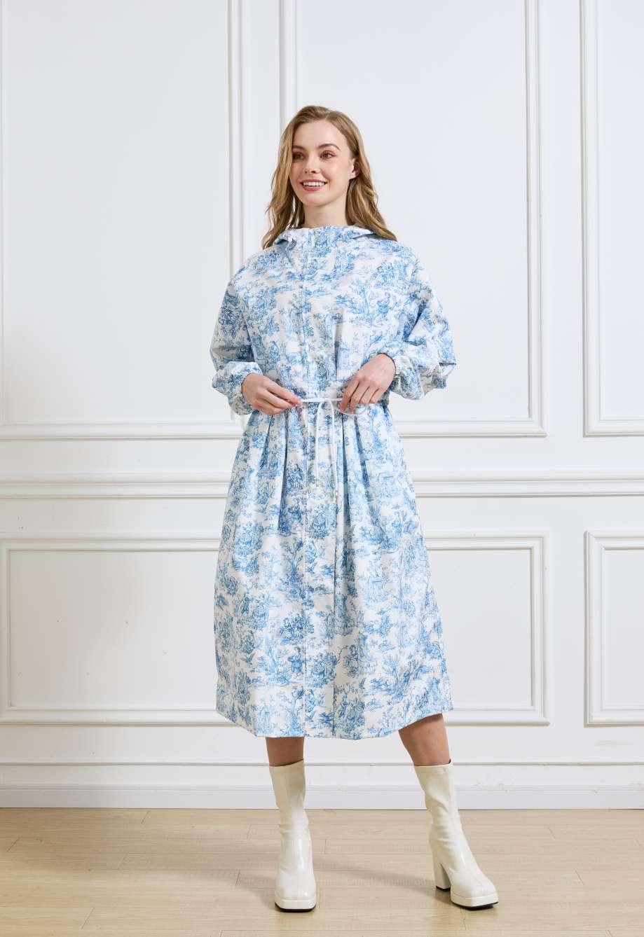 时尚风衣款女用雨衣古典法式油画风图案韩版流行图案可收腰防暴雨雨衣