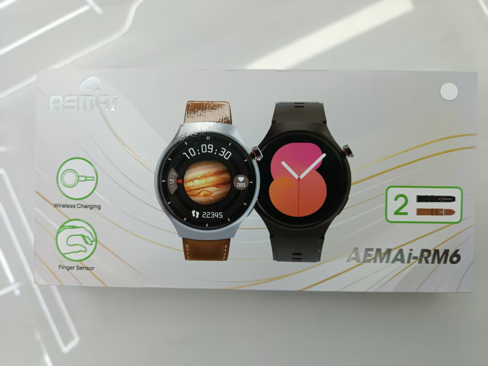AEMAI RM6 smart sports round watch for making and receiving calls, heart rate and blood pressure detection, sports silicone 2 straps with accessories