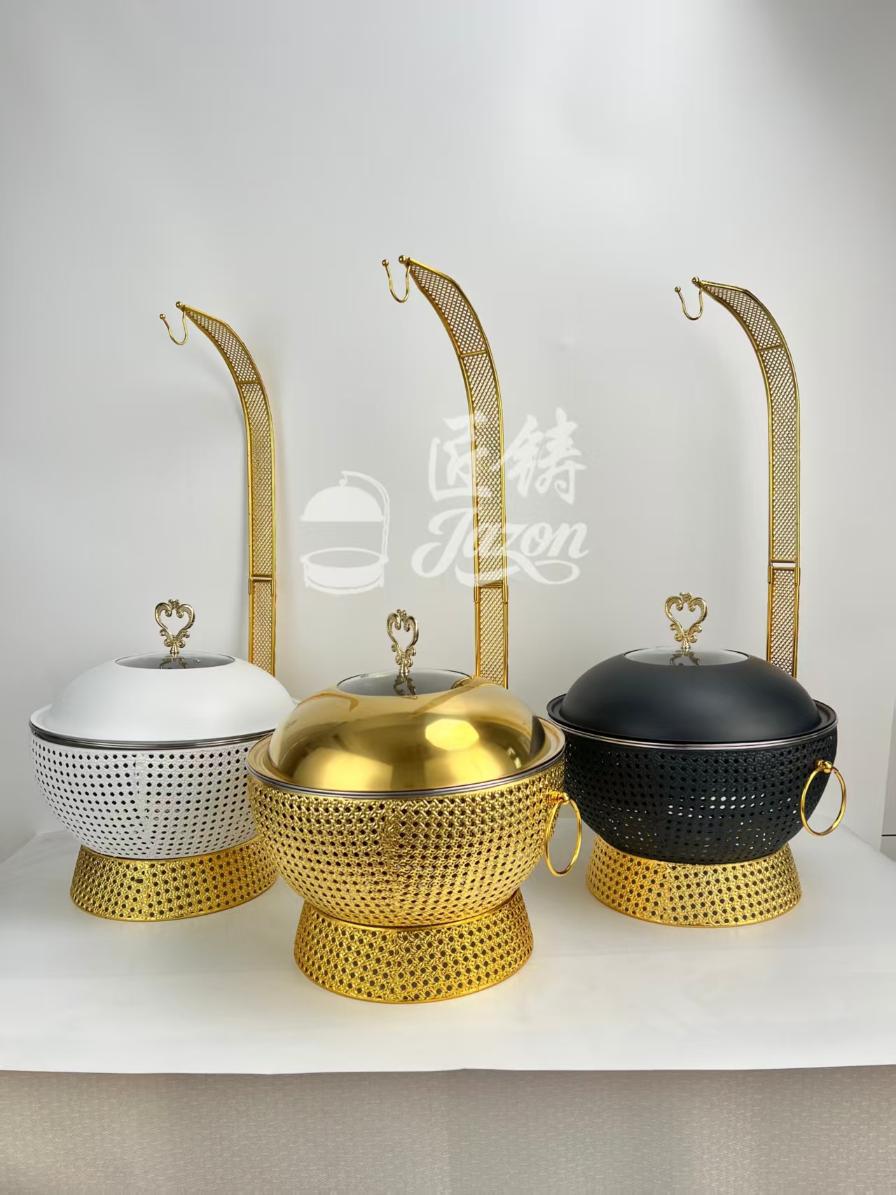 金色黑色白色镂空密孔铁艺吊炉自助餐炉酒店派对加热容器