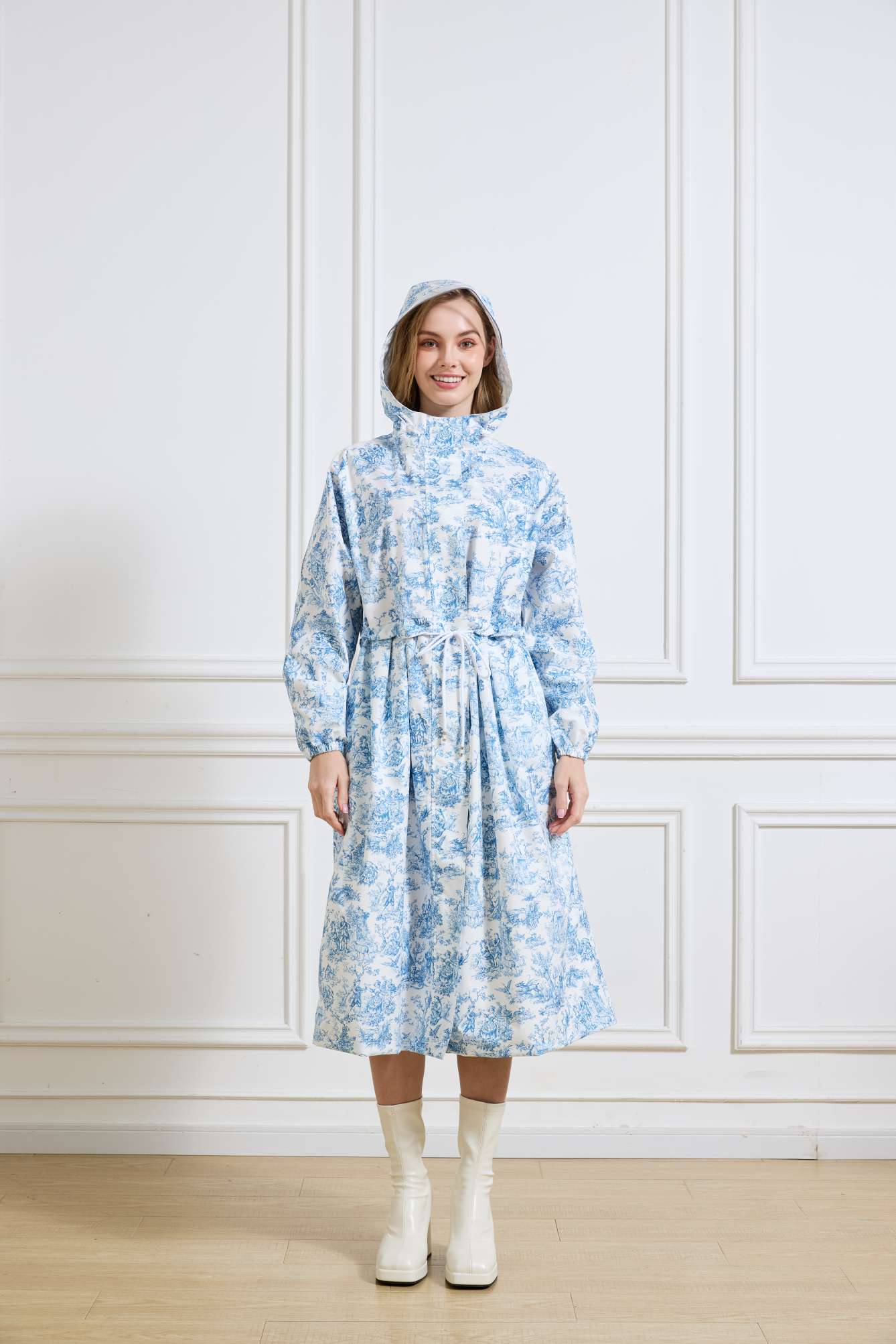 时尚风衣款女用雨衣古典法式油画风图案韩版流行图案可收腰防暴雨雨衣详情图2