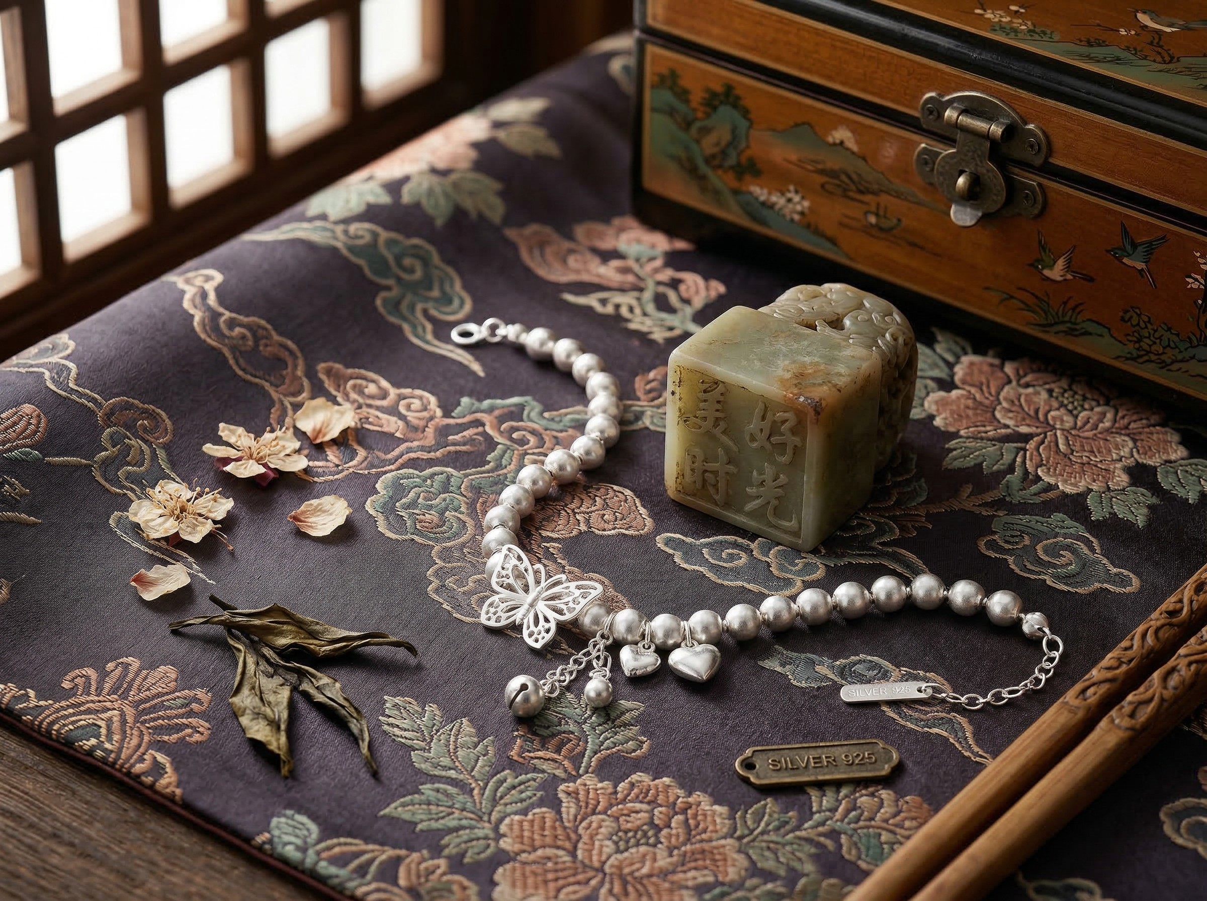 Fashionable and exquisite Bow ·925 Silver Sweet and Cool Dynamic Beaded Chain Sweet and Cool, popular design sense, Whitening High-end silver jewelry bracelet