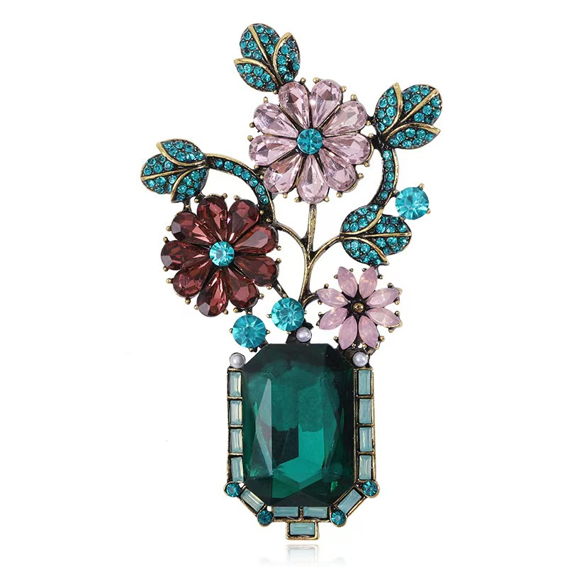 Europa y américa retro barroco corte viento vaso broche temperamento strass flores pins moda atmósfera traje accesorios