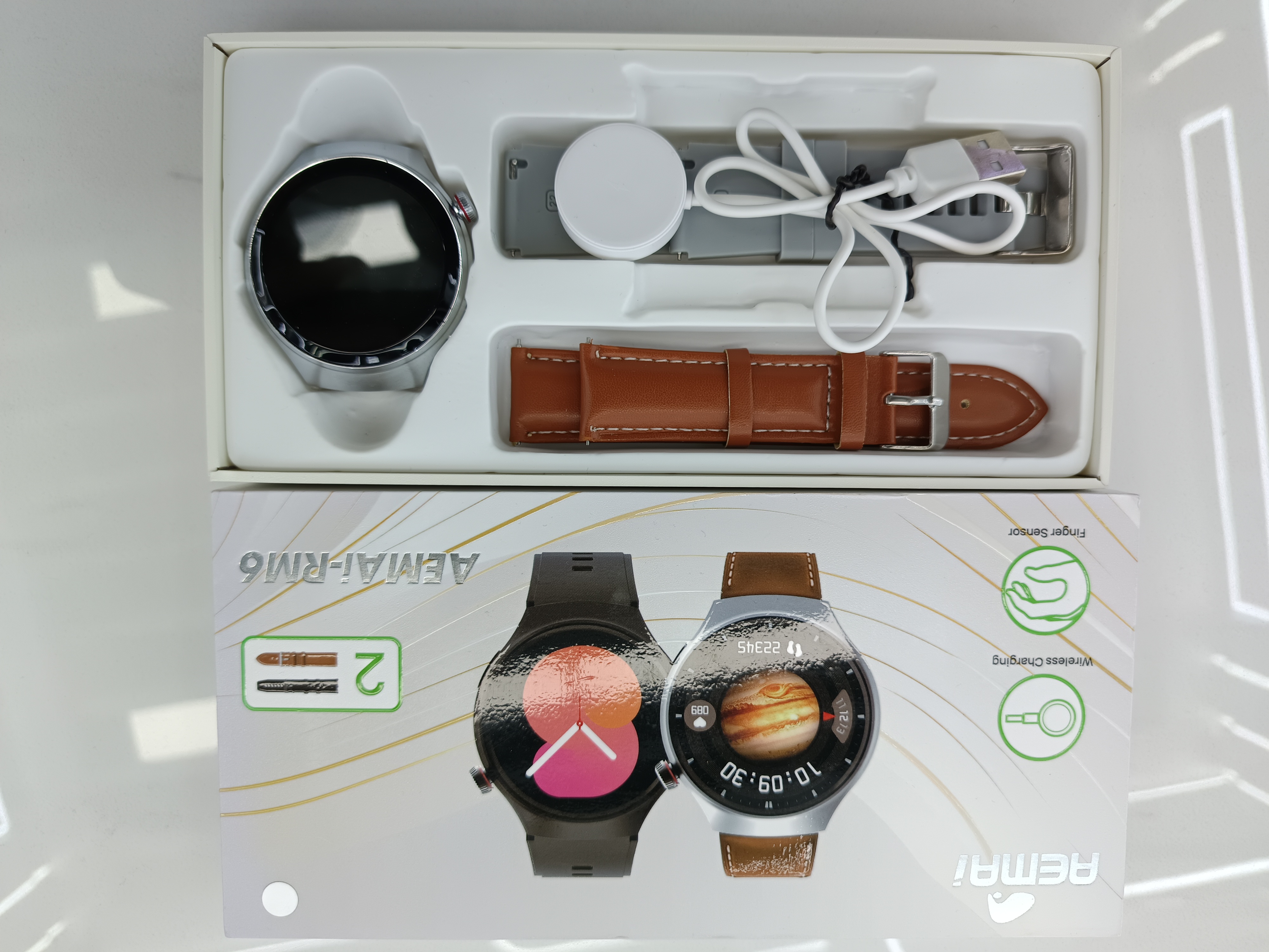 AEMAI RM6 smart sports round watch for making and receiving calls, heart rate and blood pressure detection, sports silicone 2 straps with accessories details Picture