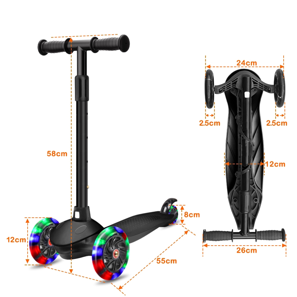 Factory direct sales of children's scooters, aluminum alloy, nylon, detachable and portable, outdoor flashing 3-wheel children's scooters Specification drawing