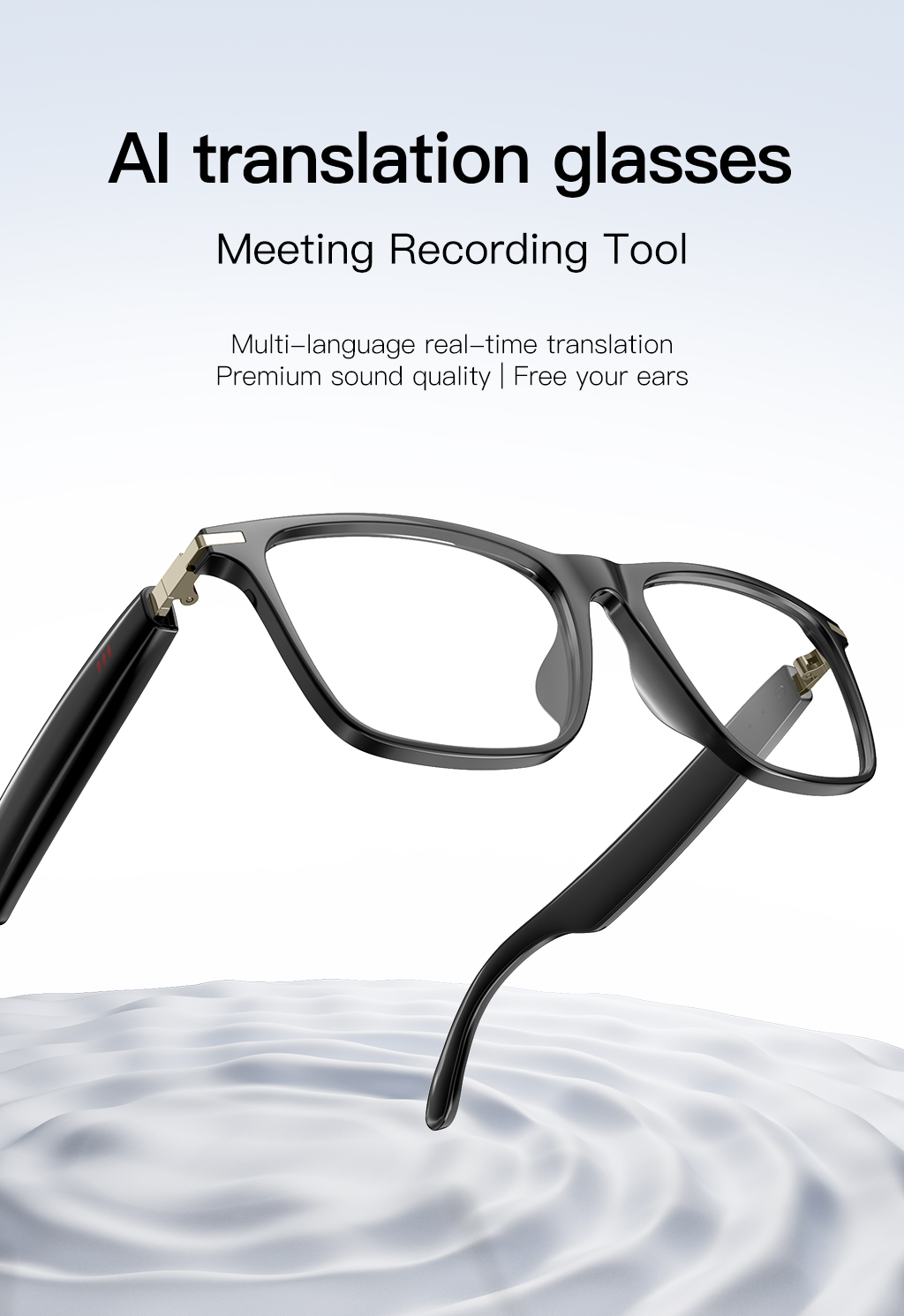 The Ai smart glasses M1PRO have translation functions for making and receiving calls and listening to music Specification image