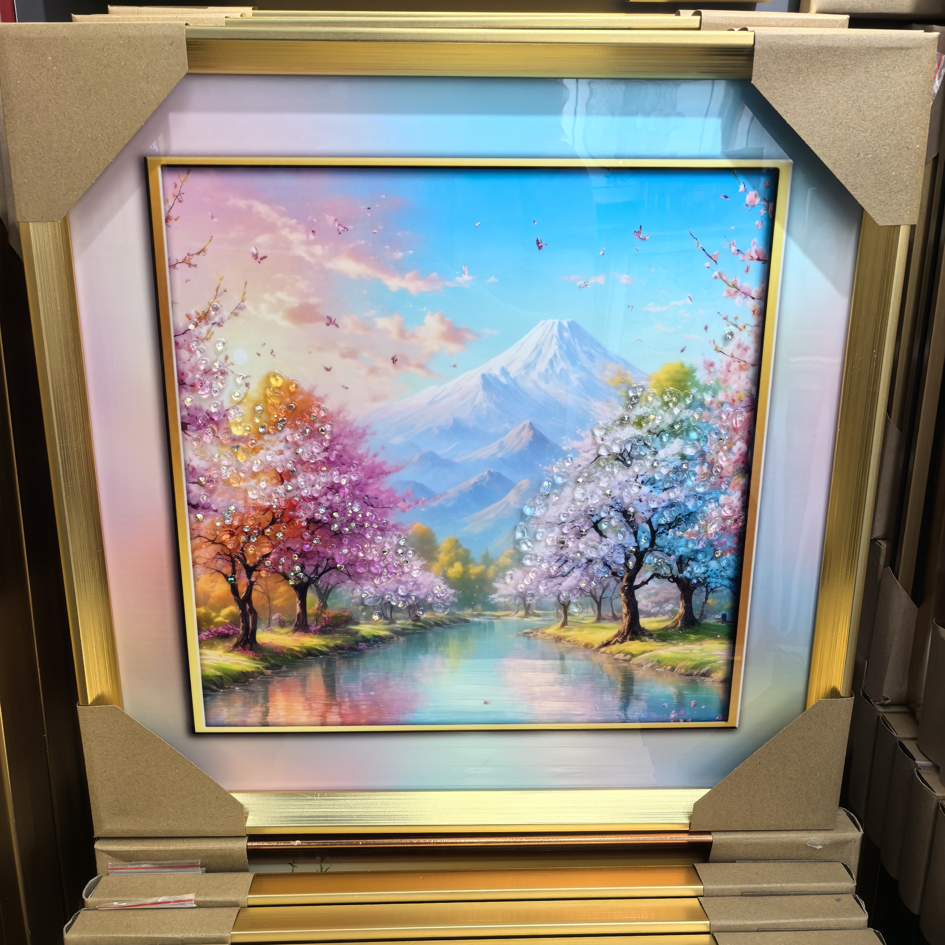 浮雕描金靠山图/手工马宋锦非遗/山水画/金属装饰画/大画框框架产品图