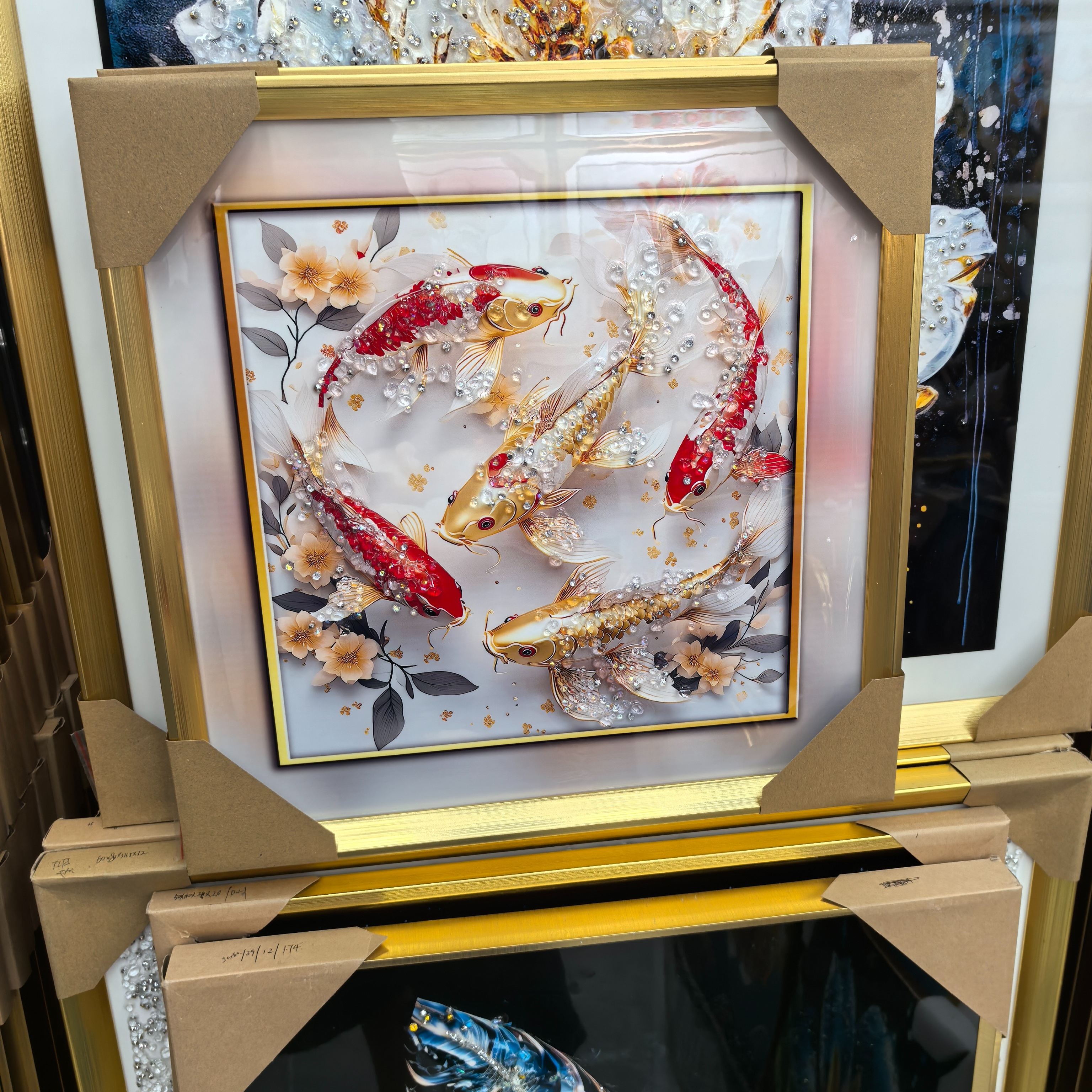 浮雕描金靠山图/手工马宋锦非遗/山水画/金属装饰画/大画框框架白底实物图