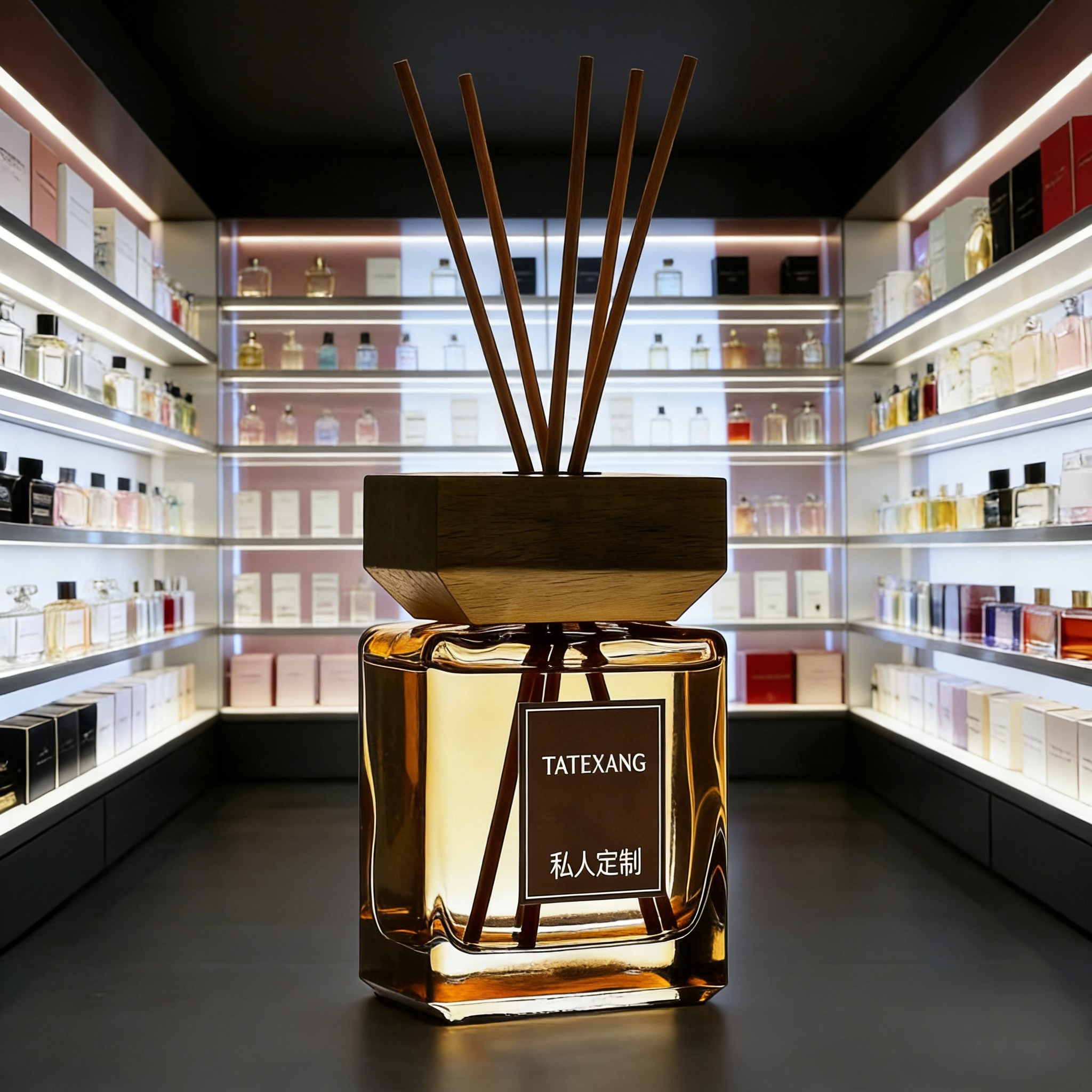 TATEXANG's high-end private customization personalized diffuser glass bottle with wooden cap, essential oil aroma diffuser details Picture