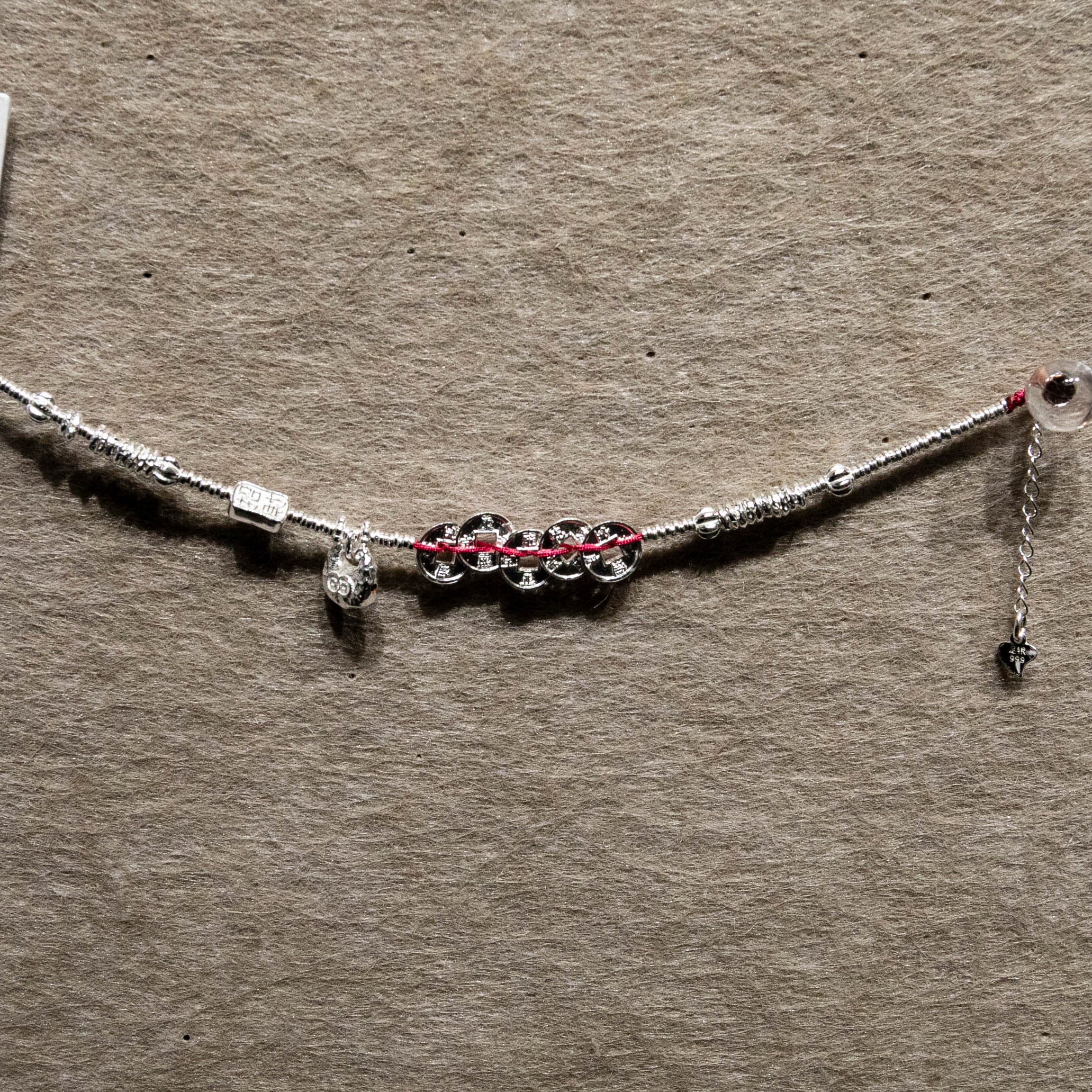 925 Silver Brocade Bag for Good Fortune Five Emperors Money Red String Bracelet for Women - A new Chinese-style niche design for protecting wealth and bringing good fortune details Picture