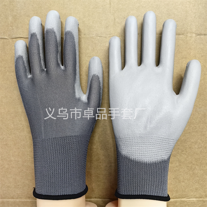 13针灰色PU防静电电子厂防尘浸胶针织防护涂层劳保手套涂掌手套详情13