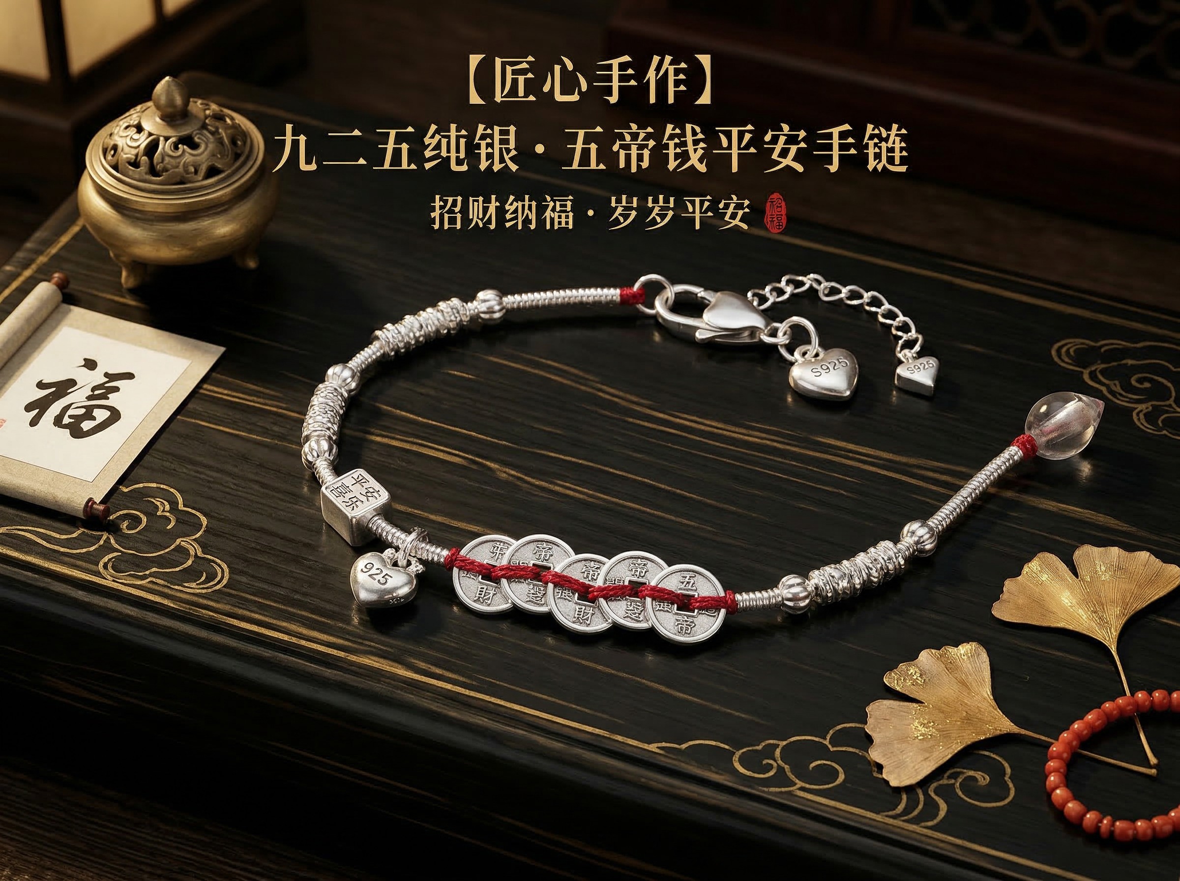 925 Silver Brocade Bag for Good Fortune Five Emperors Money Red String Bracelet for Women - A new Chinese-style niche design for protecting wealth and bringing good fortune