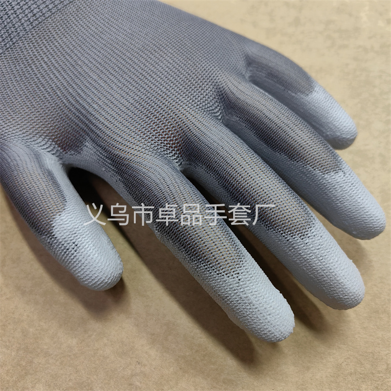 13针灰色PU防静电电子厂防尘浸胶针织防护涂层劳保手套涂掌手套详情5