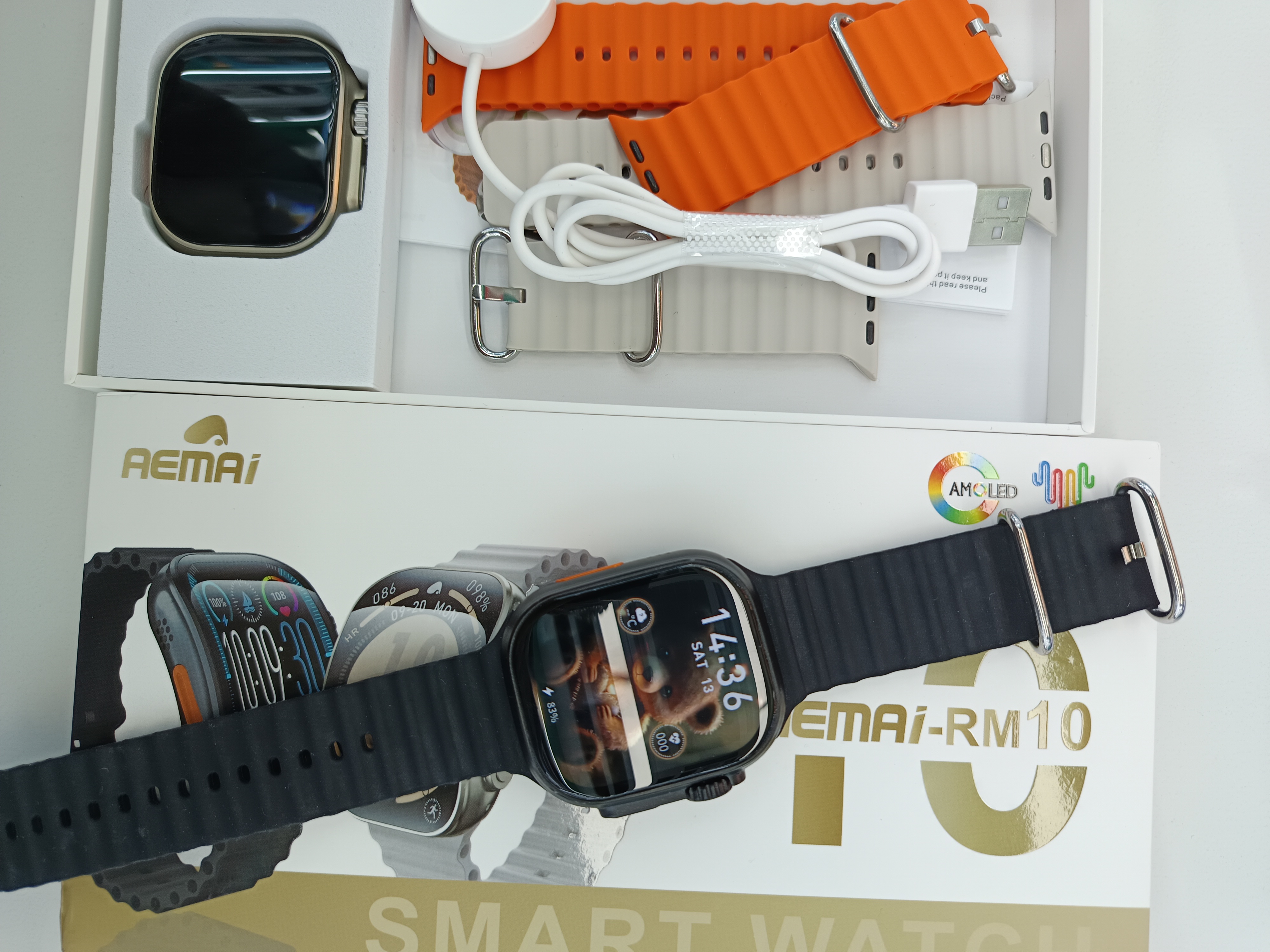 The AEMAI RM10 smart sports watch features a large curved screen, high-end heart rate monitoring, exercise and sleep monitoring, and comes with two straps Specification image