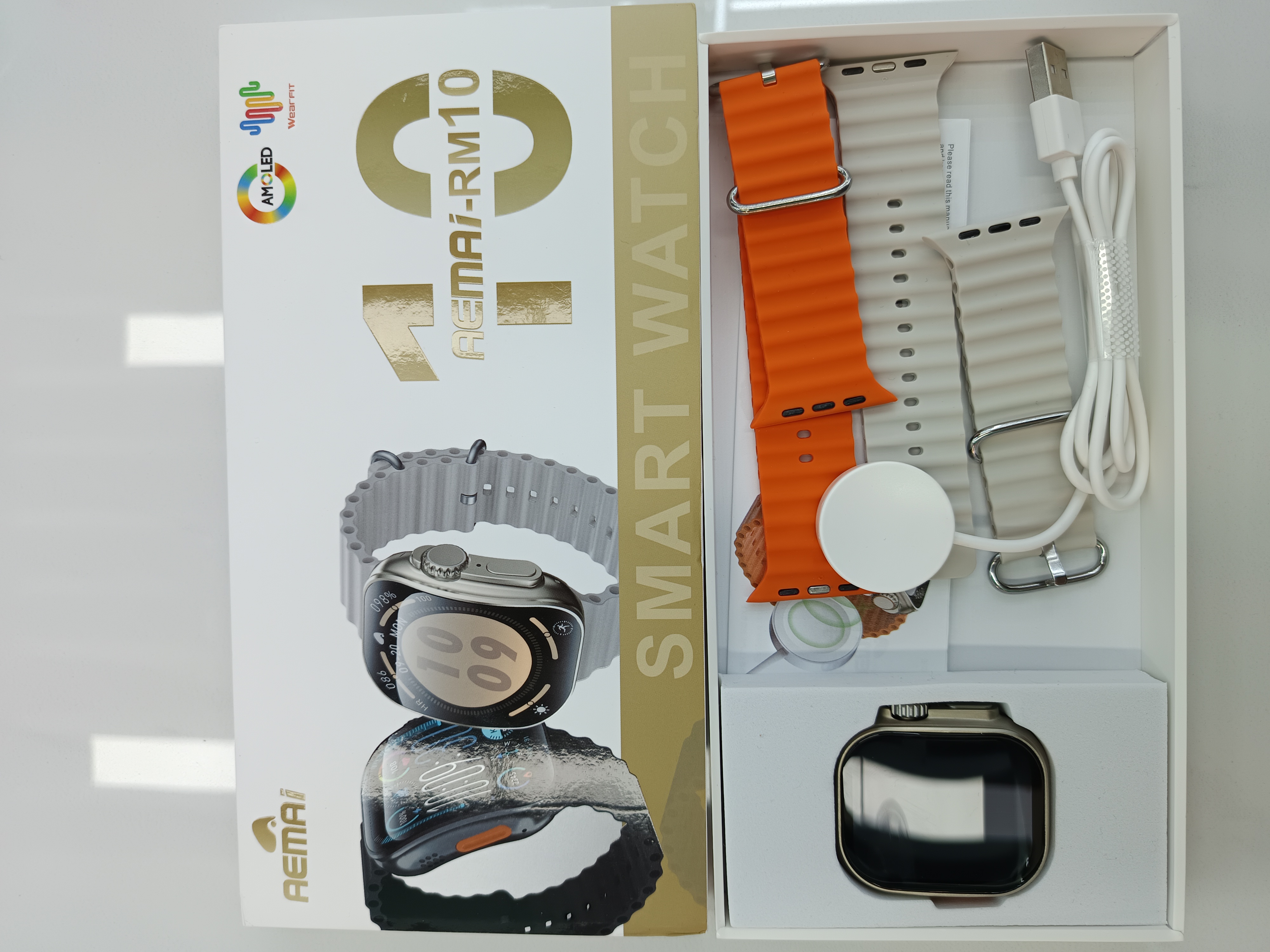 The AEMAI RM10 smart sports watch features a large curved screen, high-end heart rate monitoring, exercise and sleep monitoring, and comes with two straps