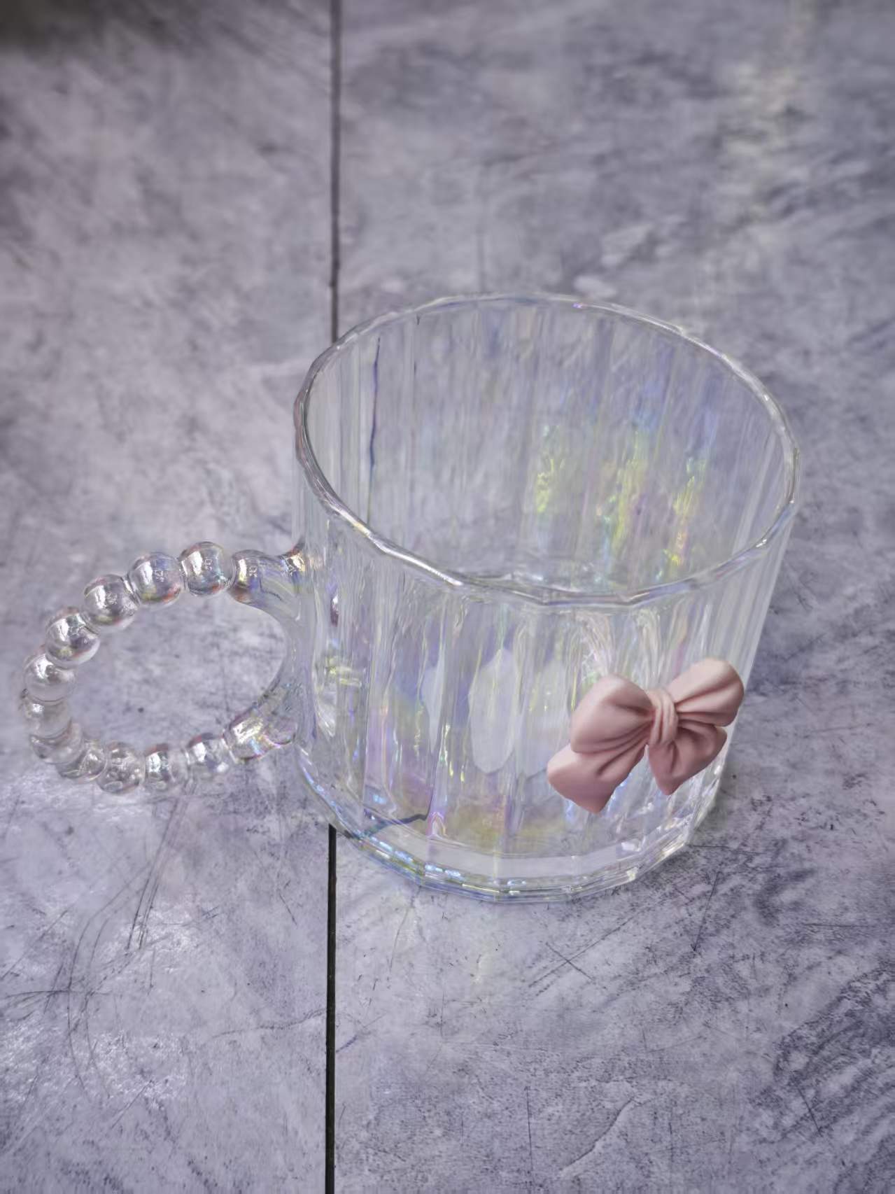 Pink bow, transparent glass cup, water cup, gift glass tea cup details Picture