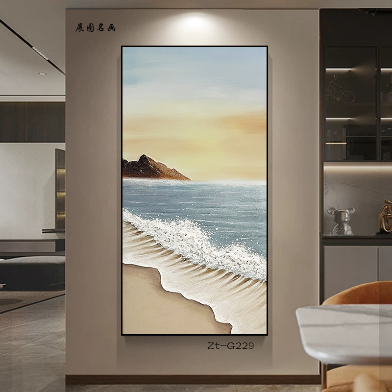 现代极简风纯手绘油画玄关画风生水起海景风水油画