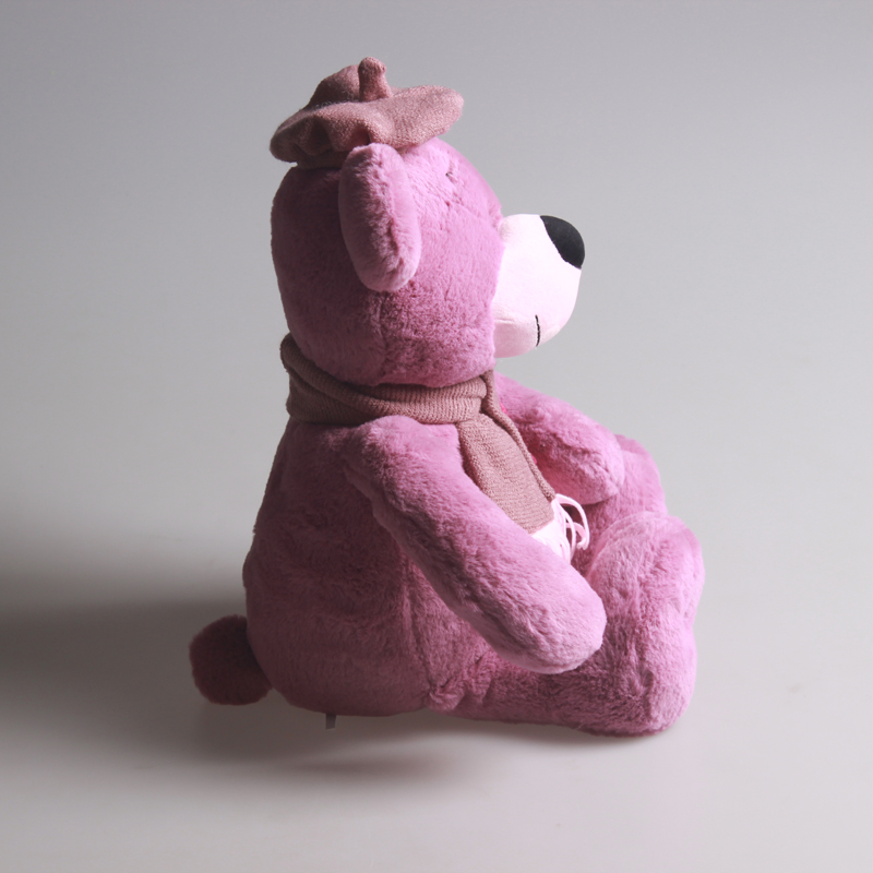 A plush bear with embroidered eyes in a hat and scarf style that can pass the inspection Application Scenario
